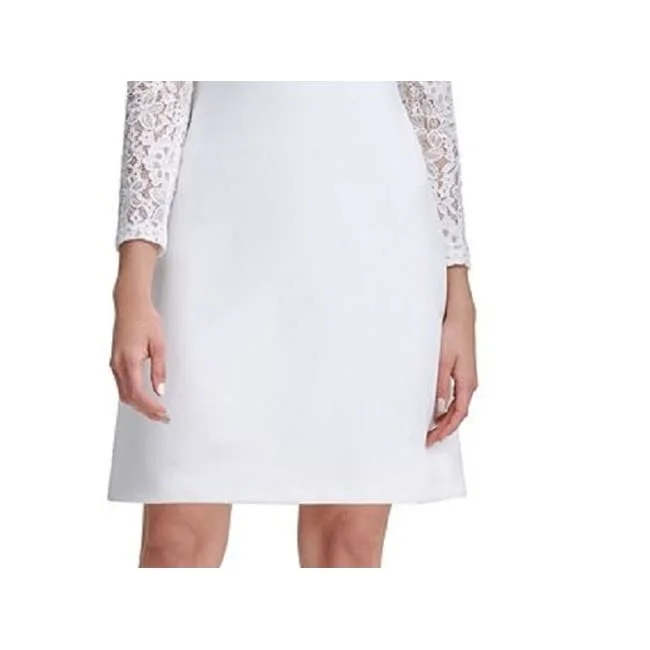 Tommy Hilfiger Women's Lace Long Sleeve Jewel Neck Above The Knee Shift Party Dress White Size 16