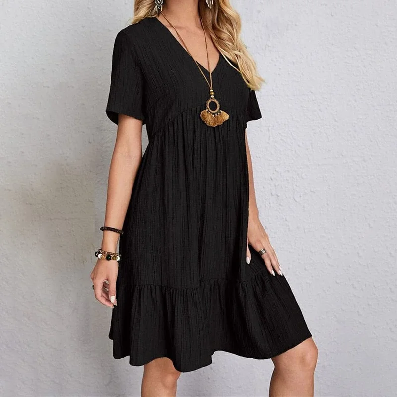 Women's Casual Dress Ruffle V Neck Midi Shift Dress