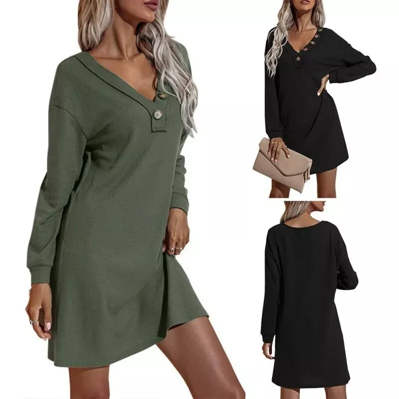 Women's Casual Dresses V-Neck Buttoned Hip Knitted Dresses