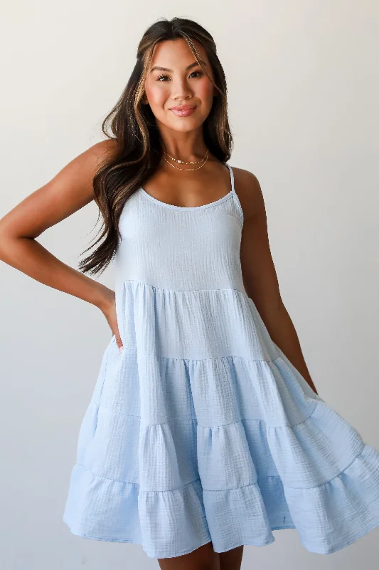 FINAL SALE - Sweetest Impact Light Blue Linen Tiered Mini Dress