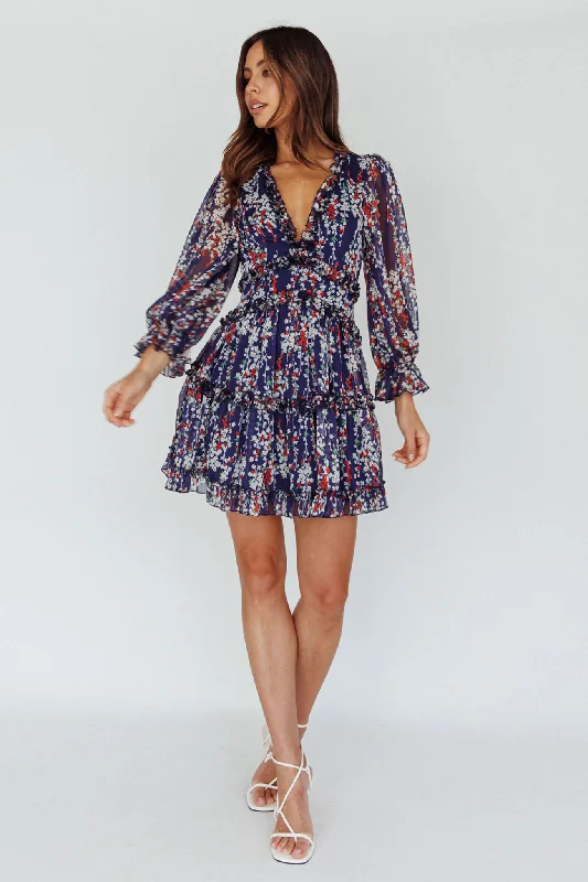 Laney Cutout Back Ruffle Detail Floral Dress Navy