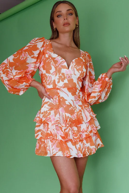 Romance Novel Long Sleeve Tied Back Floral Dress Orange