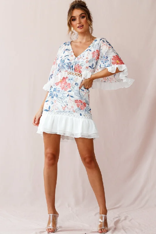 Caspar Batwing Floral Dress White