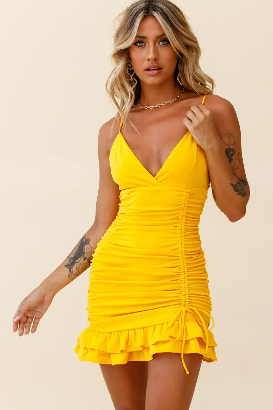 Earth Angel Drawstring Feature Ruched Party Dress Yellow